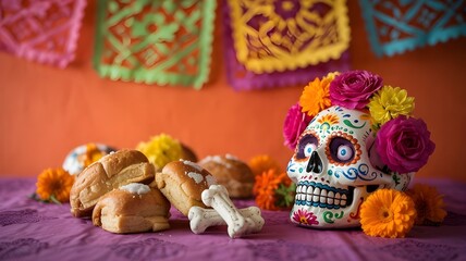Day of the dead altar with sugar skull, pan de muerto, and papel picado