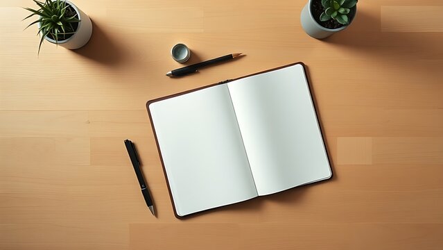 Minimalist wooden desk with an open notebook and writing tools, showcasing simplicity and productivity.