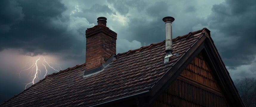 Roof of a family home with chimney and lightning conductor, showcasing lightning protection details