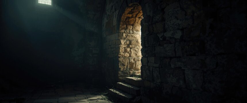Spooky view of hollow on historic stone wall inside a church with deep shadows and illumination