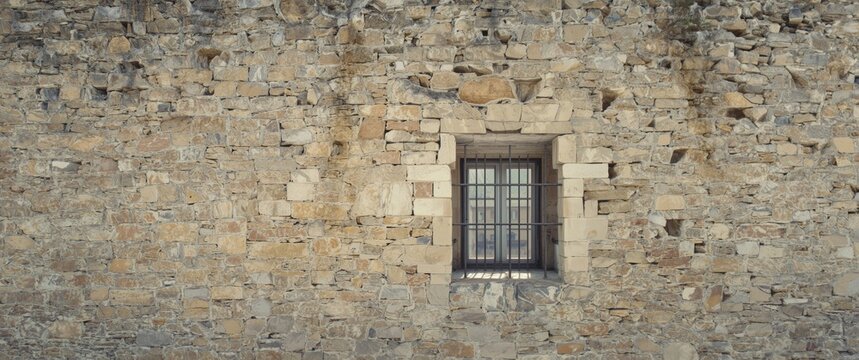 Pastel-colored limestone wall texture showing an old castle with barred windows and crenels