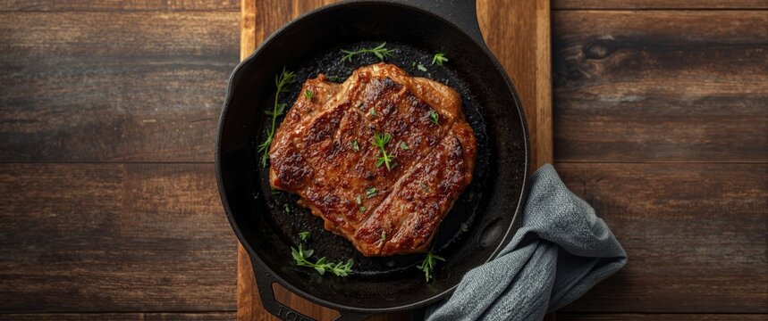 Herb-topped fried pork saddle steak seen from above in a frying pan with copy space to the left