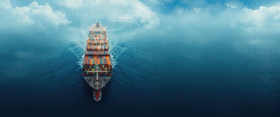 Container ship from above with business analytics, worldwide freight shipping and import-export logistics via vessel