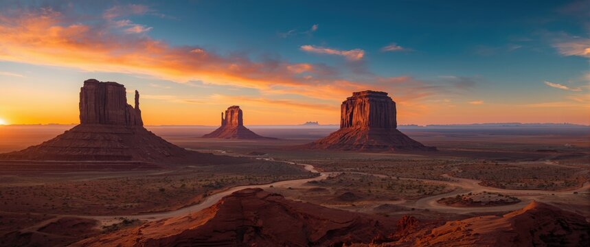 Multiple buttes in a Monument Valley panoramic scene