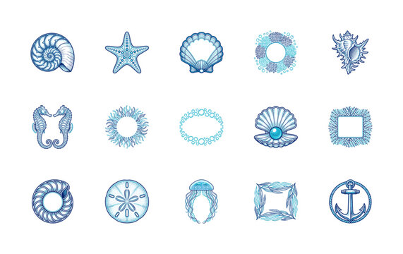 Vintage Blue Ink Nautical Marine Life Engraving Element Kit for Coastal Branding and Stationery