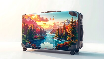 Vibrant Suitcase with Scenic Mountain Landscape.
