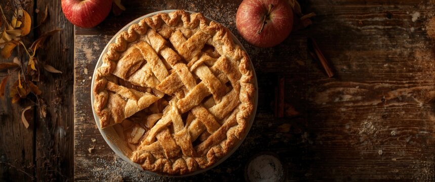 Apple pie with lattice top made at home on a rustic background, food, table, autumn, fruit, cake, apple, Thanksgiving, red, healthy