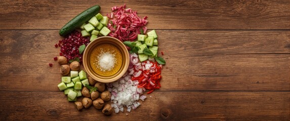 Wooden Table with Vinaigrette Salad Ingredients