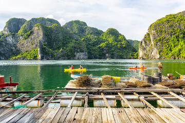Tourists kayaking and paddling on the water amidst the towering karsts of Ha Long Bay