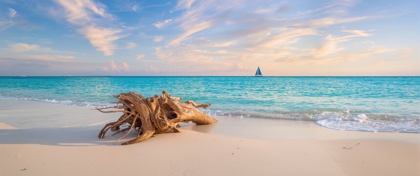 Charming Weathered Driftwood on the Beach of Beer Can Island, Longboat Key, Florida, Featuring Sailboat in Backdrop