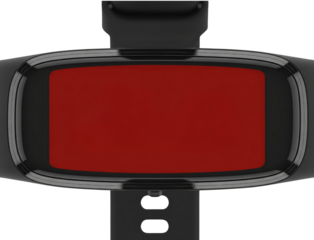 Black smartwatch device with blank red screen and rubber wrist strap on a transparent background