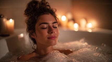Woman enjoys a bubble bath surrounded by candles in a bathroom for self-care and wellness at home during the evening hours