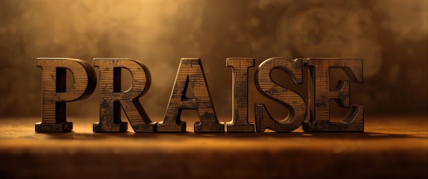 Wooden letterpress type spelling out PRAISE