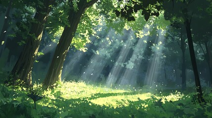 Sunlight filtering through the leaves of a tall tree, casting soft rays and shadows across the forest floor, creating a peaceful scene 