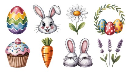 Cute easter elements featuring bunnies, eggs, cupcake, and flowers