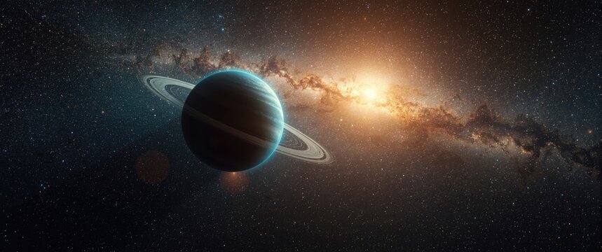 Space-based 3D rendering of an exoplanet orbiting a star, with the Milkyway galaxy in the backdrop