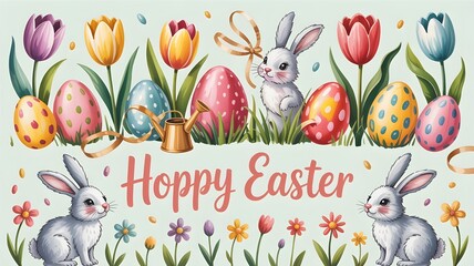 Happy easter with cute bunnies, tulips, and decorated eggs