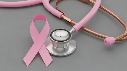 Pink ribbon and stethoscope on gray background, symbolizing breast cancer awareness and medical care