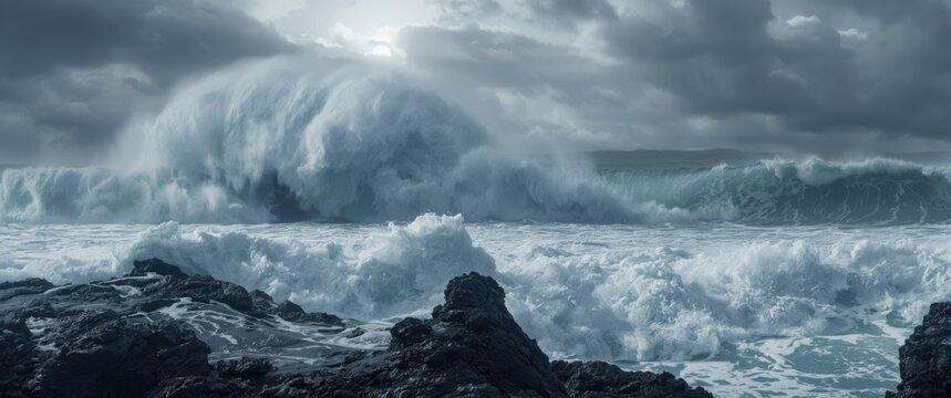 Escalating occurrence of hazardous hurricanes and cyclones, featuring tsunami-like waves and basalt rocks in the Pacific Ocean