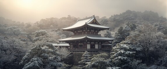 Fototapeta premium Main temple landscape in winter with snow, trees, and stone, capturing the natural beauty of Japan and worship atmosphere