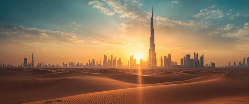 Sunset view of Dubai downtown skyline with desert sands, United Arab Emirates