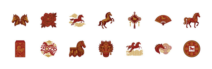 Fototapeta premium Intricate Woodcut Engraving Chinese Zodiac Horse Graphic Element Kit for 2026 Lunar New Year Celebration