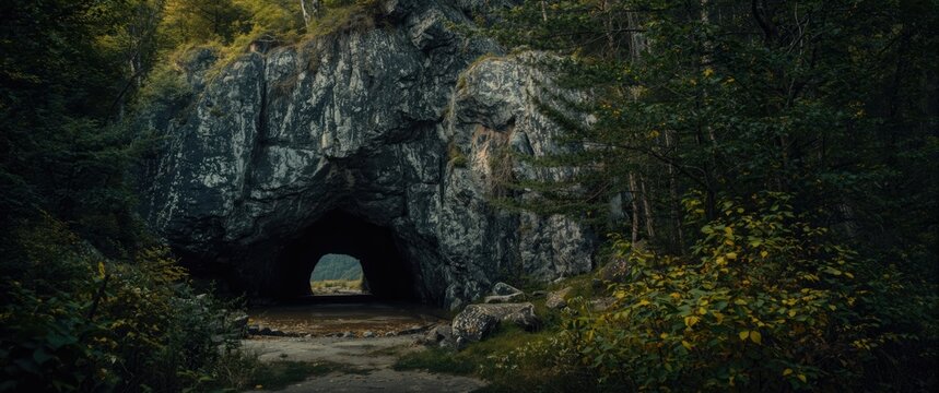 Nesodden Norway: Landscape with cave, forest, and a scenic cave entrance on Nesoddtangen peninsula