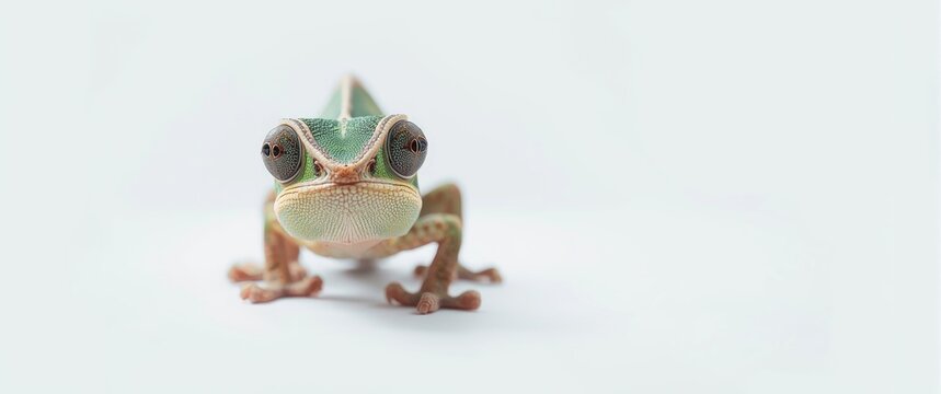 Close-up of baby chameleon in light tent, focused on eyes