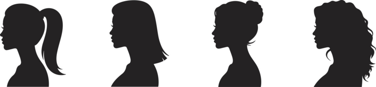 Female profile silhouettes with distinct hairstyles, black design, minimal art, hair styling diversity, fashion identity, side view