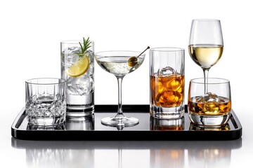 Contemporary drinking glasses arranged on a black reflective base