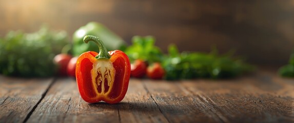 Closeup of cut paprika pepper on wooden surface, food preparation, healthy eating, vegetable, green cooking, agriculture, natural background