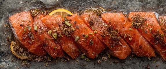 Lemon-seasoned salmon slices with spices on a stone background