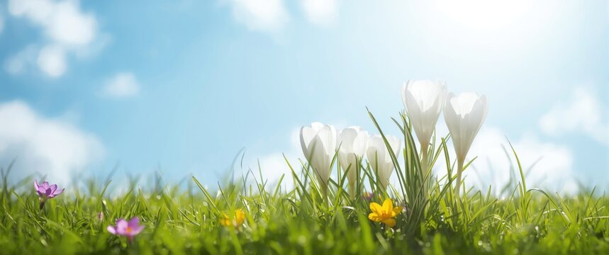 Springtime White Crocuses and Primroses for Easter Card Inspiration in the Open Air