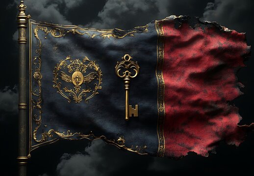 Ornate Tattered Flag with Golden Key and Emblem on Dark Cloudy Sky image photo