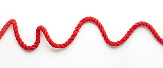 White background with a red rope twisted into a zigzag shape, top view of nylon rope