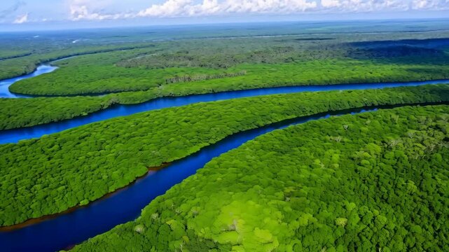 Aerial view of a winding river cutting through a sprawling dense forest, showcasing vibrant green foliage. the landscape reveals the serene, unspoiled beauty of nature, the harmonious flow between lan