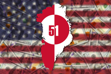 Vector political and economic banner. Map of Greenland in national colors. 51. Blurred flag of United States of America and many blurry 100 dollars banknotes