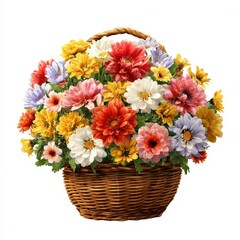 Colorful flower basket with vibrant spring blossoms, woven wicker handle, fresh petals and green leaves, isolated on white background, perfect for gifts, celebrations, floral decor and seasonal design