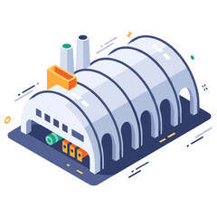 Isometric industrial factory building with smoke stacks and storage units
