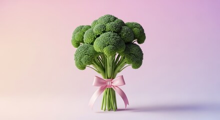 Broccoli florets bouquet with pink ribbon on gradient background. Symbol of healthy eating and fresh vegetables for nutrition awareness.