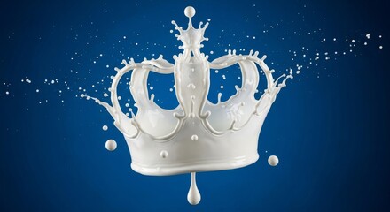 White liquid crown splash with droplets on a blue background, representing freshness and premium quality of dairy products.