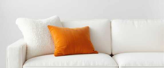 Cozy white sofa with white and orange square pillows and empty copy space