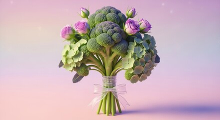 Bouquet made from broccoli florets and purple roses and green hydrangea tied with a ribbon. Creative floral arrangement for healthy living concept.