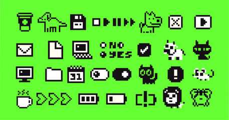 Retro Pixel Art Computer Icons Set with 90s Desktop Aesthetic