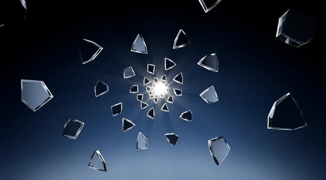 Shimmering shards of broken glass in a mesmerizing spiral design, illuminated by a central glow