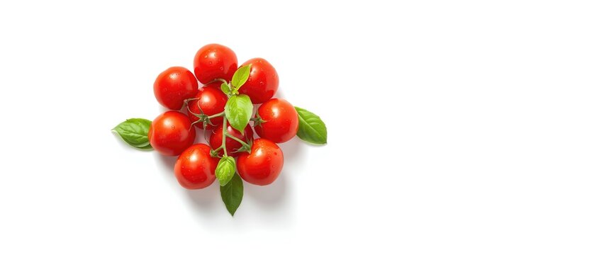 Cherry tomatoes and Sweet basil leaves, fresh and isolated on white background