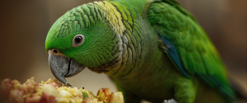 Close-up of a green New Zealand parrot in captivity focused on its meal
