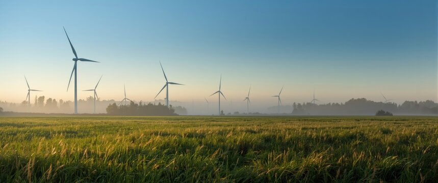Misty morning scene with wind turbines in lush meadow near Aurich, German Lower Saxony in August