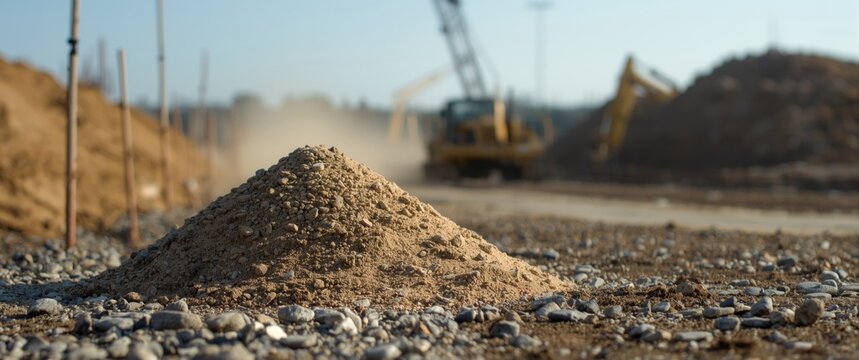 Pile of stones and construction sand adjacent to construction area