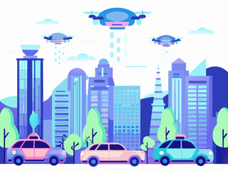 Obraz premium modern cityscape with drones delivering packages amidst cars and tall buildings